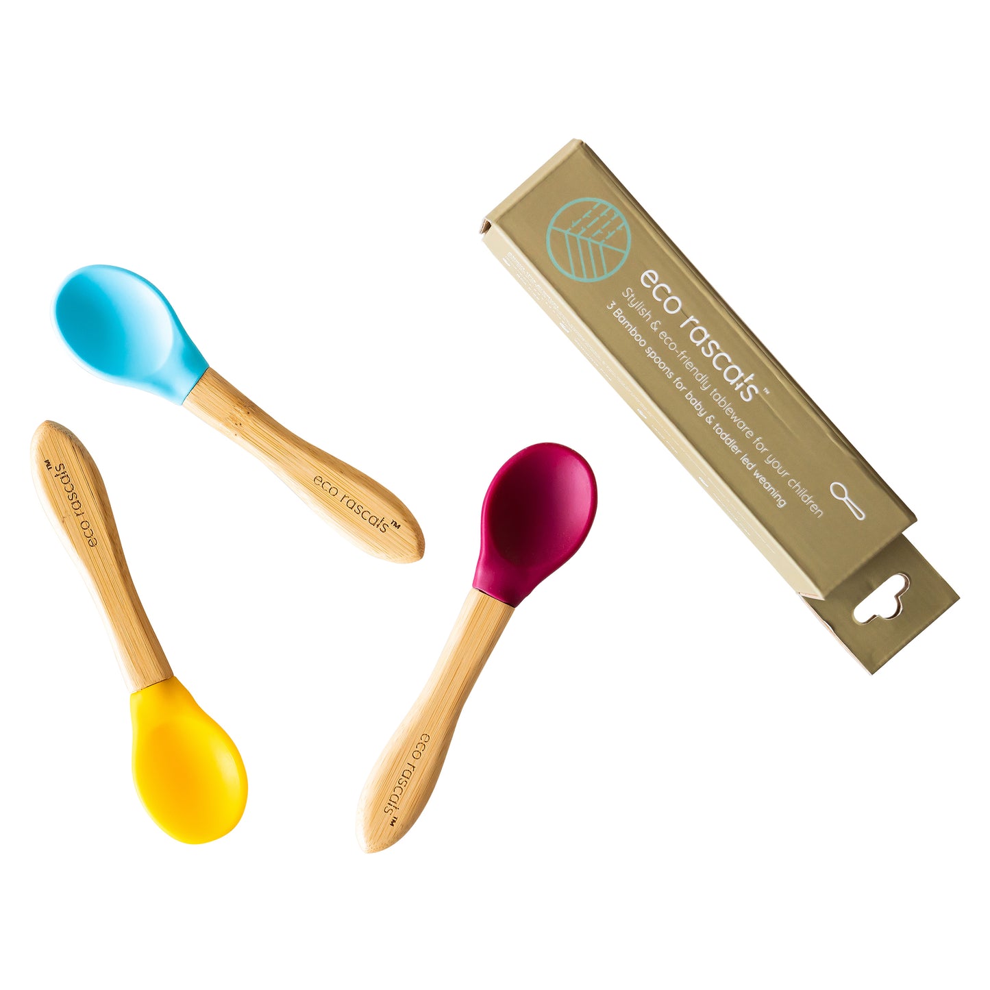 Bamboo Set of Three Baby Spoons in Yellow, Blue and Red