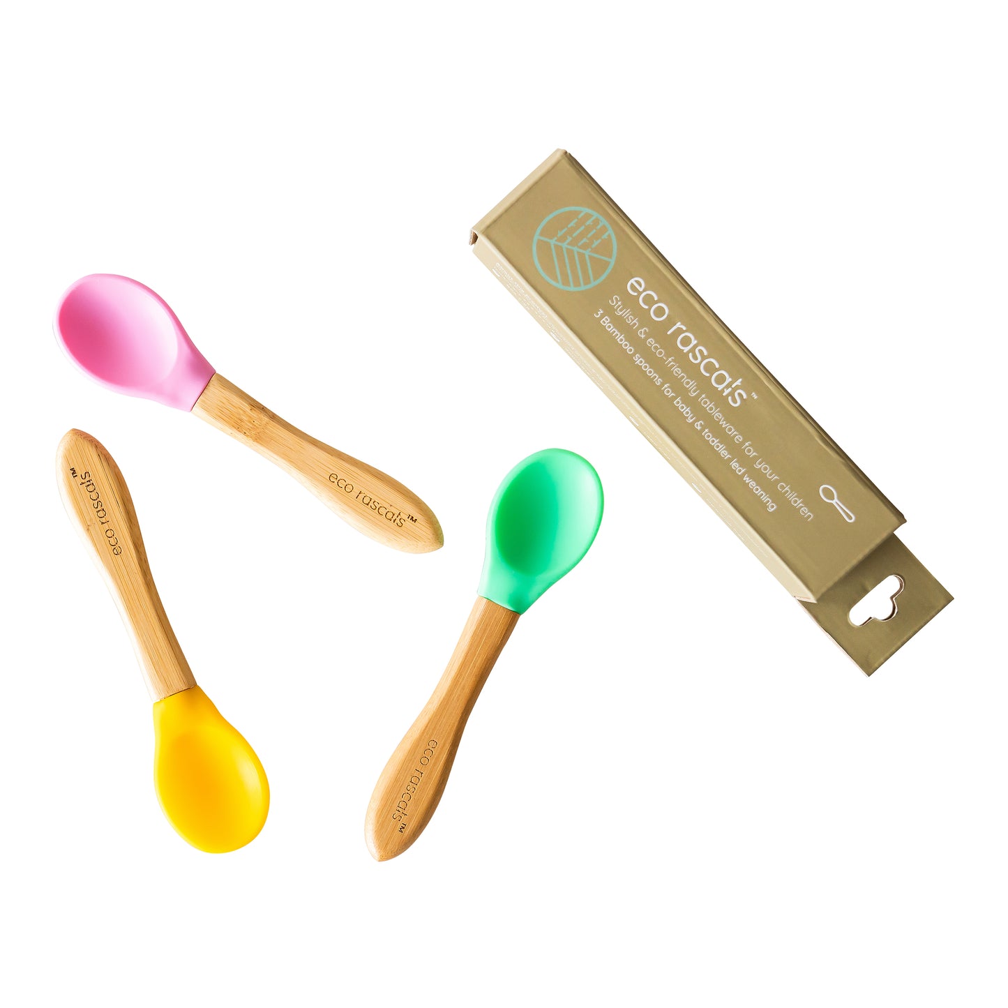 Bamboo Set of Three Baby Spoons in Yellow, Pink and Green