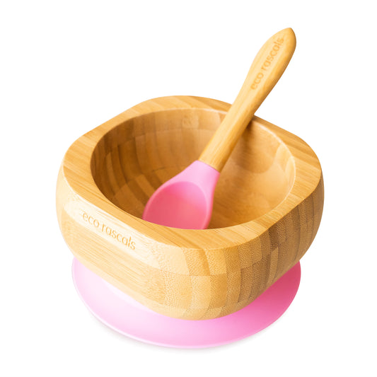 Bamboo Suction Bowl and Spoon Set in Pink