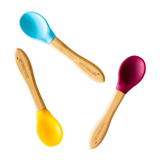 Bamboo Set of Three Baby Spoons in Yellow, Blue and Red
